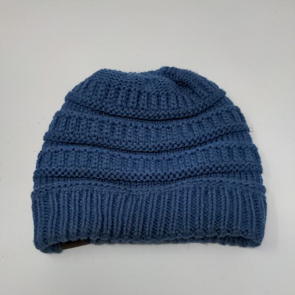 C.C. Exclusives Cable Knit Beanie Hat Blue Patch Logo 100% Acrylic - Picture 13 of 13